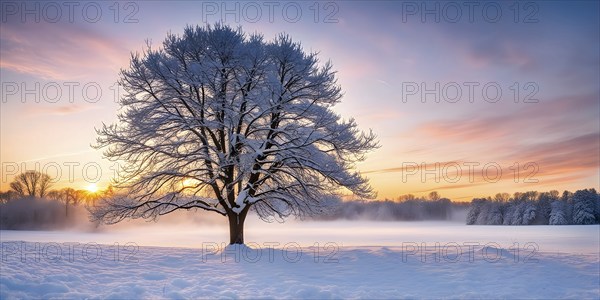 Serene winter landscape with a snow covered tree and a vibrant sunrise, AI generated