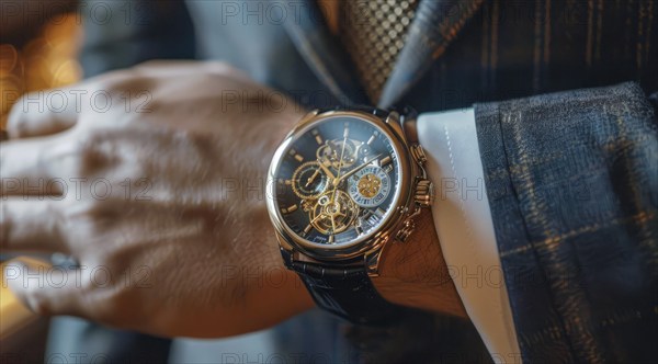 Close up of a hand with luxury watch. Expensive lifestyle of a successful businessman., AI generated