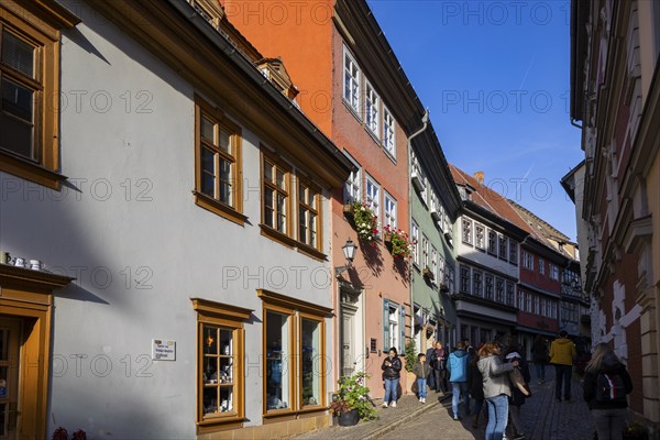 The Krämerbrücke is the oldest secular building in Erfurt and is one of the city's most famous landmarks, with half-timbered houses on both sides of the bridge. It is the longest bridge in Europe with houses on both sides, Erfurt, Thuringia, Germany, Europe