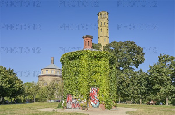 Water tower, machine house, riser tower, park at Wasserturmplatz, Prenzlauer Berg, Pankow, Berlin, Germany, Europe