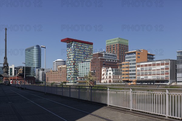 Skyline Media Harbour, Colorium high-rise with Innside Hotel, Sign office tower, Düsseldorf Media Harbour, Düsseldorf, North Rhine-Westphalia, Germany, Europe