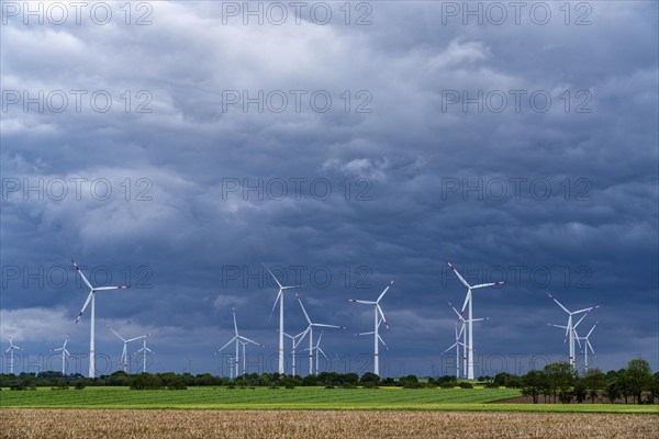 Wind farm east of Geilenkirchen, dark storm clouds, strong wind, North Rhine-Westphalia, Germany, Europe