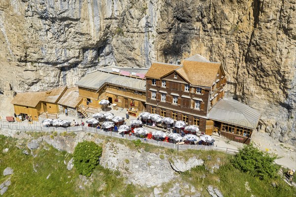 Ebenalp, Guest house Aescher, Wildkirchli under the Ascher cliff, aerial view, Ebenalp, Appenzell, Switzerland, Europe