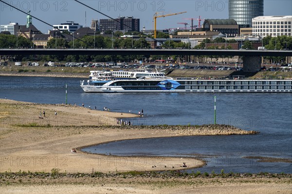 Rhine at Düsseldorf, extremely low water, Rhine level at 81 cm, tendency falling, after a long drought the left bank of the Rhine is dry, at Düsseldorf Oberkassel, view from the Rheinkniebrücke to the Oberkassler Brücke North Rhine-Westphalia, Germany, Europe