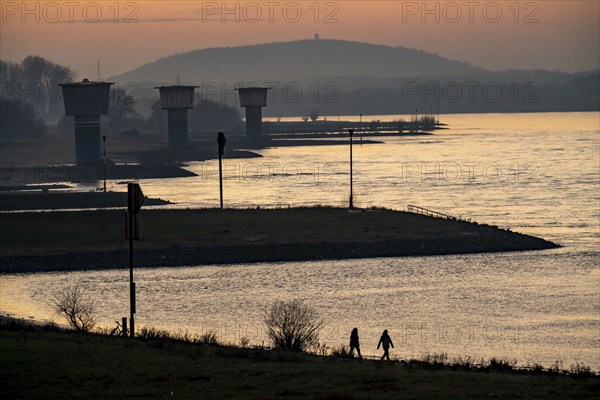 Rhine at Duisburg-Bruckhausen, towers of the water extraction facilities of ThyssenKrupp Steel steelworks, Winter, Duisburg, North Rhine-Westphalia, Germany, Europe