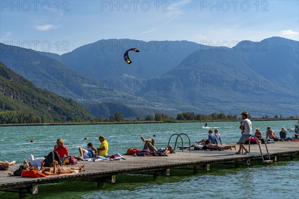 Gretl am See lido on Lake Kaltern, near the village of Kaltern, in the Adige Valley in South Tyrol, one of the two warmest lakes in the Alps, bathing lake, surrounded by vineyards and apple orchards, Italy, Europe