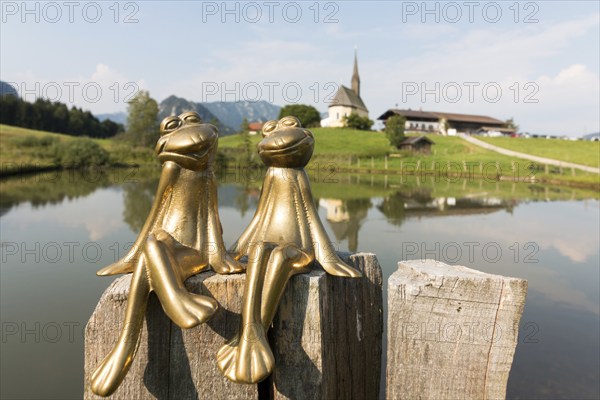 Two brass frogs, behind them the church of St Nicholas, Einsiedl, Inzell, Bavaria, Germany, Europe