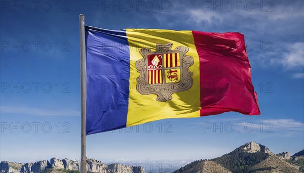 The flag of Andorra flutters in the wind