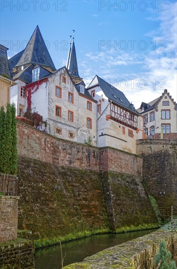 Old town houses above the Leukbach in Saarburg. Saarburg, Rhineland-Palatinate, Germany, Europe