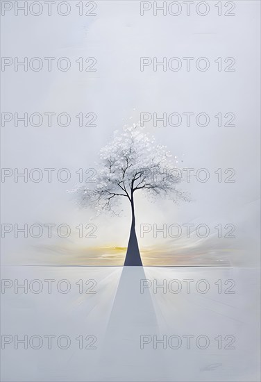 Abstract minimalist spring scene with a single, sharp silhouette of a blooming tree on a vast light grey canvas, with subtle color gradients hinting at spring freshness, AI generated
