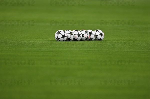 Adidas match balls lying on the pitch, Champions League, Allianz Arena, Munich, Bavaria, Germany, Europe