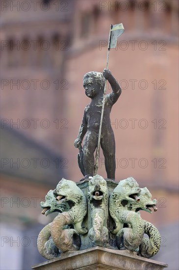 Figure on the fountain at Worms Cathedral, Worms, Rhineland-Palatinate, Germany, Europe
