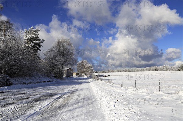Snow-covered winter landscape in the Palatinate Forest, here in the district of Südwestpfalz. Such beautiful winter days are an absolute rarity in the snow-poor Palatinate region