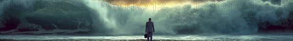 Banner of disheartened businessman standing on the shore in the midst of approaching turbulent crashing waves. feeling of overwhelming demands and impending doom, generative AI, AI generated