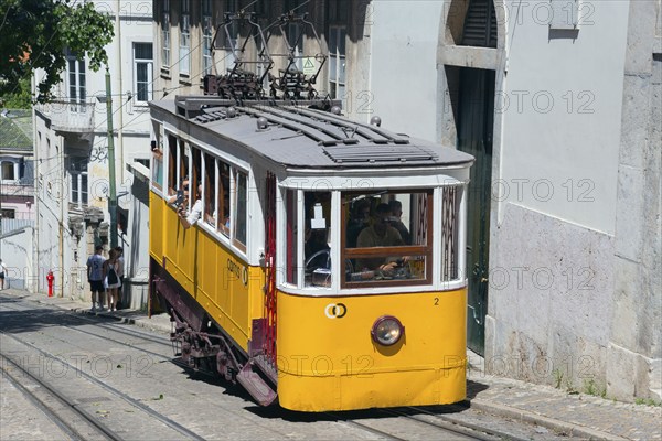 Yellow tram ascends steeply, past city buildings, funicular railway, Ascensor da Glória, Old Town, Lisbon, Lisboa, Portugal, Europe