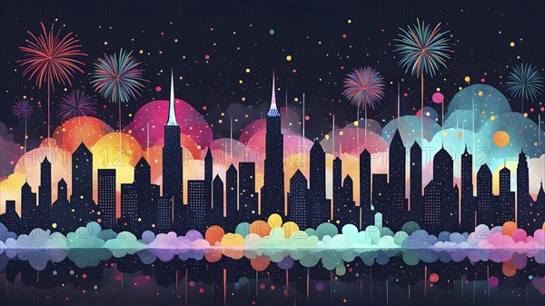 Minimalist, geometric skyline at night, with subtle fireworks in the sky, represented by colorful dots and simple, clean lines, AI generated