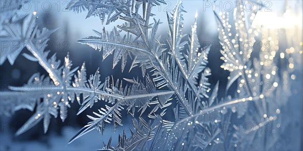 Detailed close-up of frost patterns on a glass window, AI generated