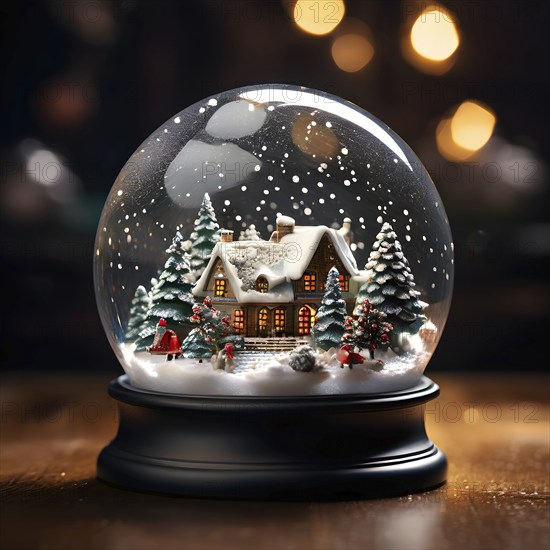 Snow globe with a tiny festive village inside, capturing the swirling snow and the light reflections on the glass dome, AI generated
