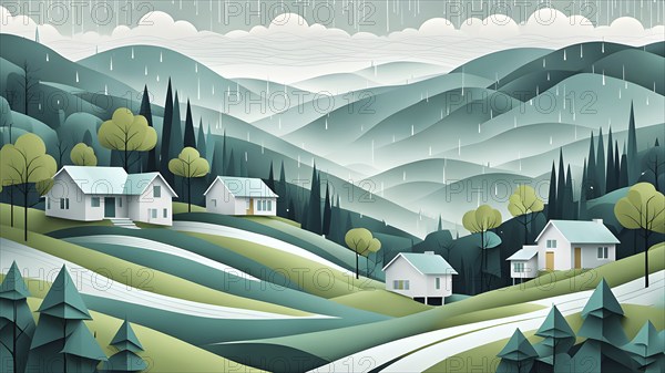 Landscape set in paper art style featuring houses tucked between verdant trees and rolling hills, AI generated
