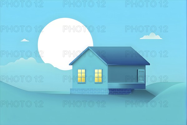 AI generated illustration of cyan house on a cyan gradient backdrop