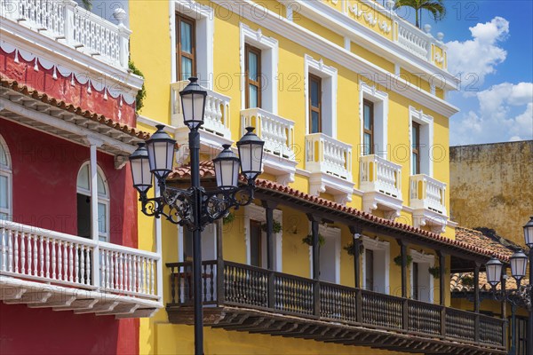Colombia, colonial old Cartagena Walled City streets and colorful houses in historic center, South America