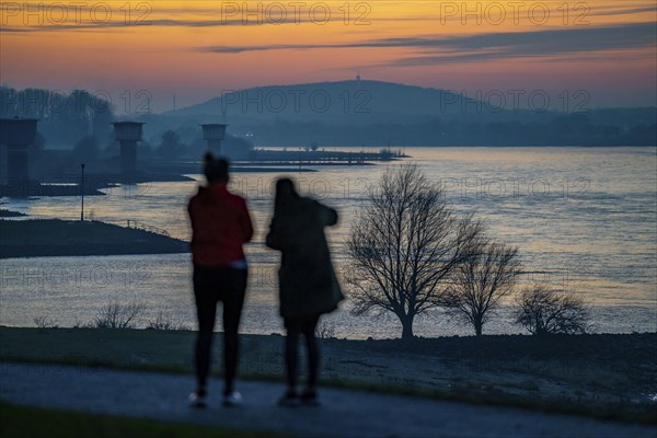 Rhine near Duisburg-Bruckhausen, walkers on the Rhine dyke, winter, Duisburg, North Rhine-Westphalia, Germany, Europe