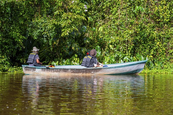 Tourists explore the river in the rainforest by boat, dense vegetation, Tortuguero National Park, Costa Rica, Central America