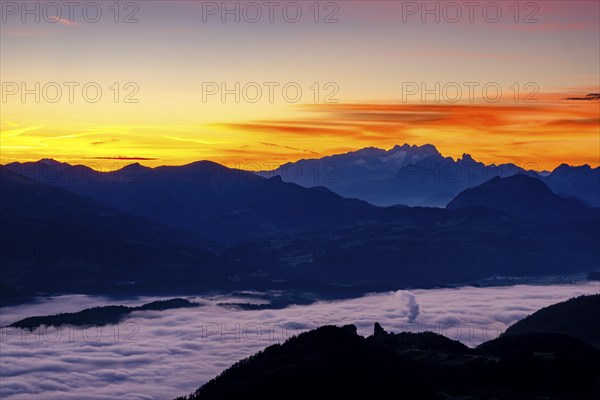 Dawn with a view of the Osterhorn group and Dachstein, fog in the valley, Marktschellenberg, Berchtesgadener Land, Upper Bavaria, Bavaria, Germany, Europe