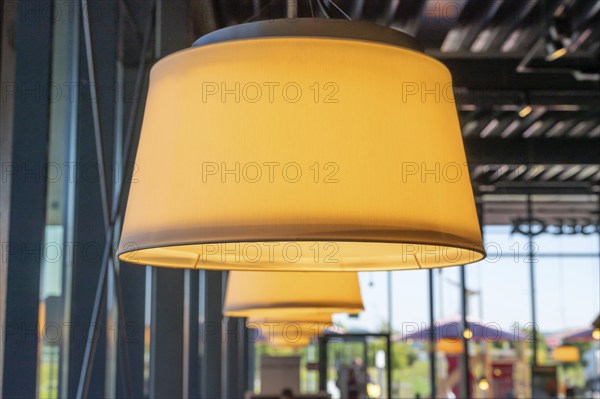 Table lamps in a motorway restaurant, Baden-Württemberg, Germany, Europe