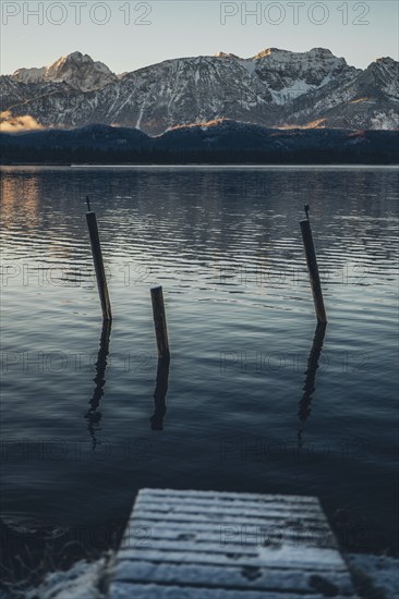 Frosty morning atmosphere during sunrise at Lake Hopfensee in the Allgäu in Bavaria, Germany, Europe