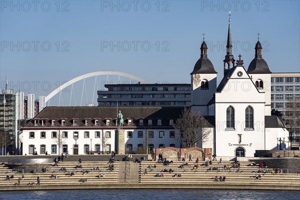 Kennedyufer in Cologne Deutz, on the Rhine, Old St Heribert Church, arch of the Lanxess Arena, Cologne, North Rhine-Westphalia, Germany, Europe