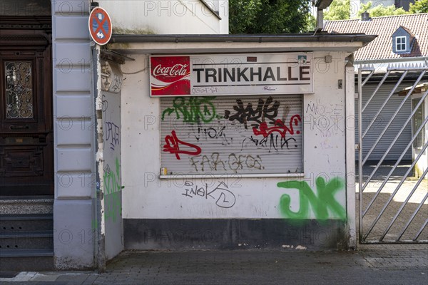 Drinking hall, closed, neglected, graffiti, smeared, Mülheim an der Ruhr, North Rhine-Westphalia, Germany, Europe