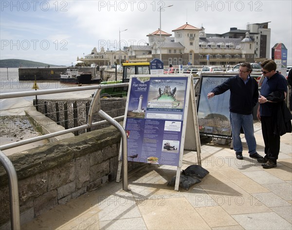 Information boards for boat trips to Flat Holm and Steep Holm islands, Weston super Mare, Somerset, England, United Kingdom, Europe