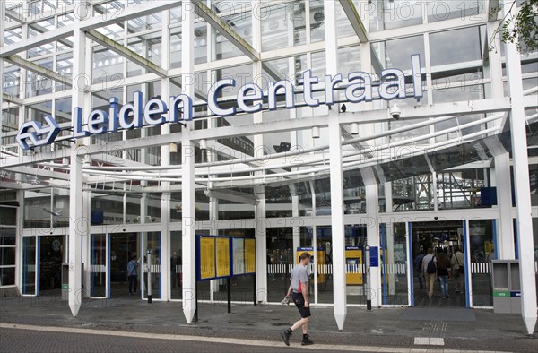 Exterior sign and frontage of Leiden Centraal railway station, Netherlands