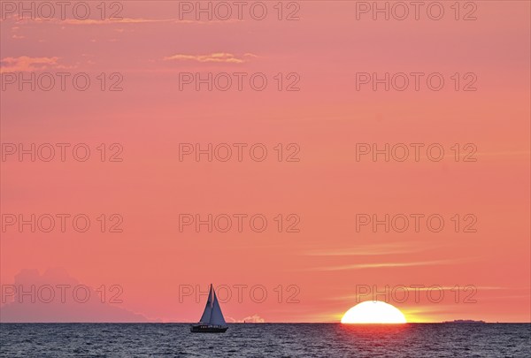 Sailboat sailing in the evening towards the setting sun, Baltic Sea, Poel Island, Mecklenburg-Western Pomerania, Germany, Europe