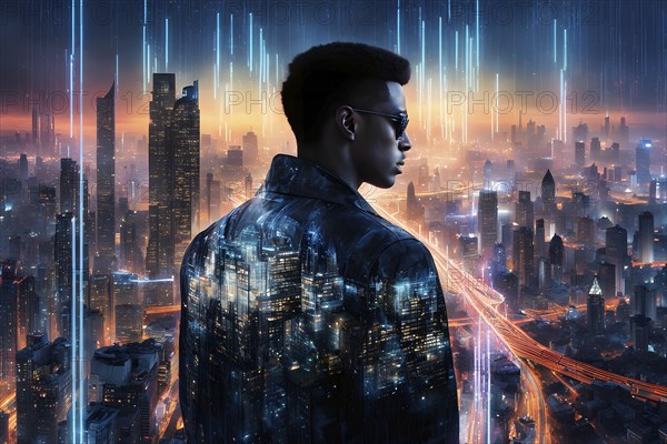 Digital representation of a multiple exposure photograph featuring a cyber human and an urban architecture, AI generated