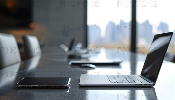 Meeting table with laptop, AI generated