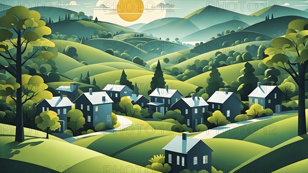 Landscape set in paper art style featuring houses tucked between verdant trees and rolling hills, AI generated