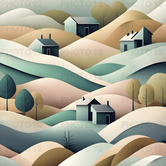 Landscape set in paper art style featuring houses tucked between verdant trees and rolling hills, AI generated