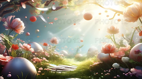 Surreal Easter scene with floating eggs, ribbons, and flowers in a dreamlike, whimsical composition of light and shadow, AI generated