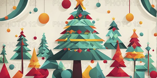 Abstract Christmas tree illustration with vibrant colors and geometric shapes, AI generated