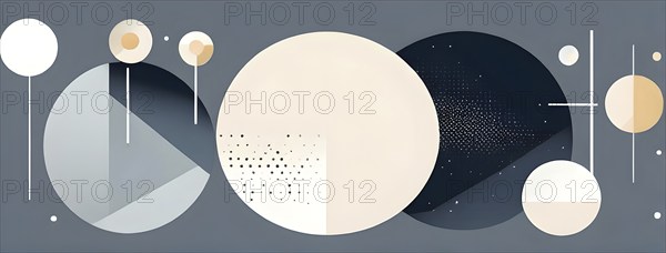 Minimalist composition of overlapping geometric shapes, such as circles, squares, and triangles, with clean lines and muted pastel colors, AI generated
