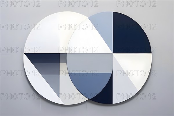 Minimalist composition of overlapping geometric shapes, such as circles, squares, and triangles, with clean lines and muted pastel colors, AI generated