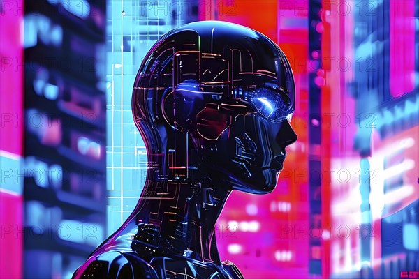 Digital representation of a multiple exposure photograph featuring a cyber human and an urban architecture, AI generated