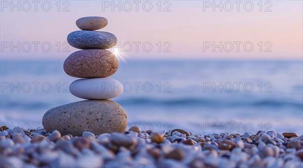 Stacked Zen stones on an ocean beach. Concept if spirituality, harmony and relaxation, AI generated