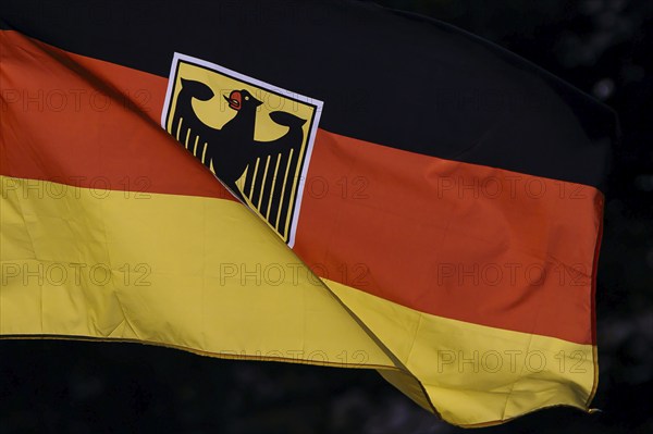 Symbolic photo. The national flag of the Federal Republic of Germany with a federal eagle fluttering in the wind against the light. Berlin, 21 August 2024