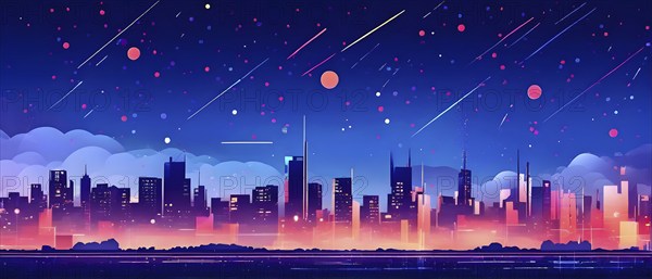 Minimalist, geometric skyline at night, with subtle fireworks in the sky, represented by colorful dots and simple, clean lines, AI generated