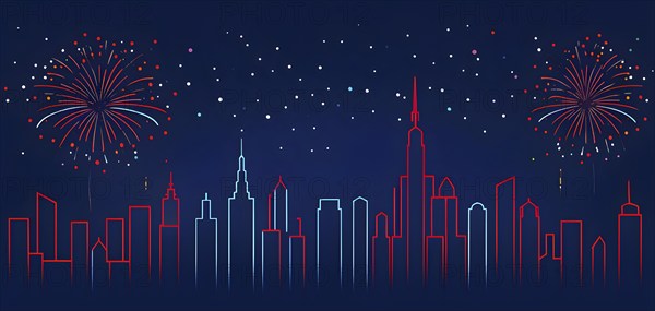 Minimalist, geometric skyline at night, with subtle fireworks in the sky, represented by colorful dots and simple, clean lines, AI generated