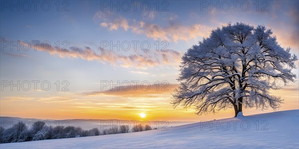 Serene winter landscape with a snow covered tree and a vibrant sunrise, AI generated