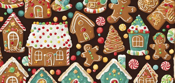 Abstract wallpaper illustration of of gingerbread house decoration, AI generated